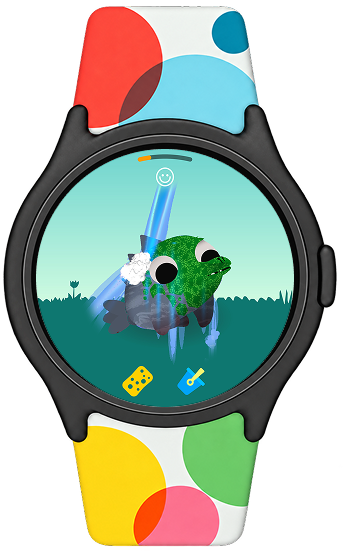 Creature Garden on a WearOS watch with a colourful band