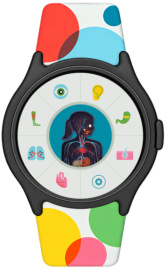 Human Body Lab on a WearOS watch with a colourful band