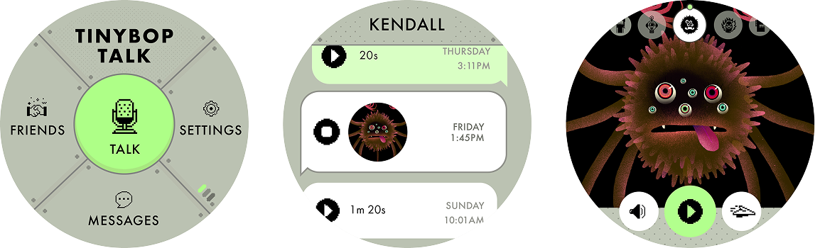 The Tinybop Talk menu, a message thread, and playing a message